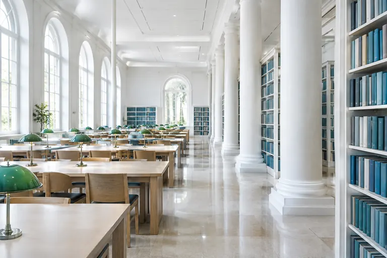 Salle de lecture lumineuse avec longues tables en bois clair et rayonnages bleus et sarcelle